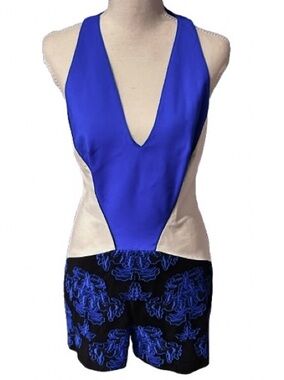 Shorts Romper Sachin + Babi Embroidered Mesh Small Size 6 Designer Blue White